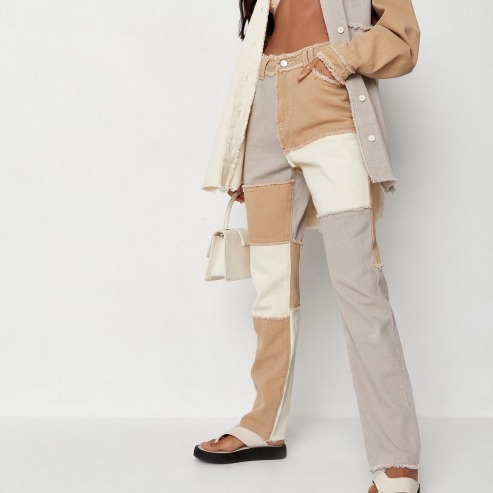 Beige Frayed Colourblock Boyfriend Jean